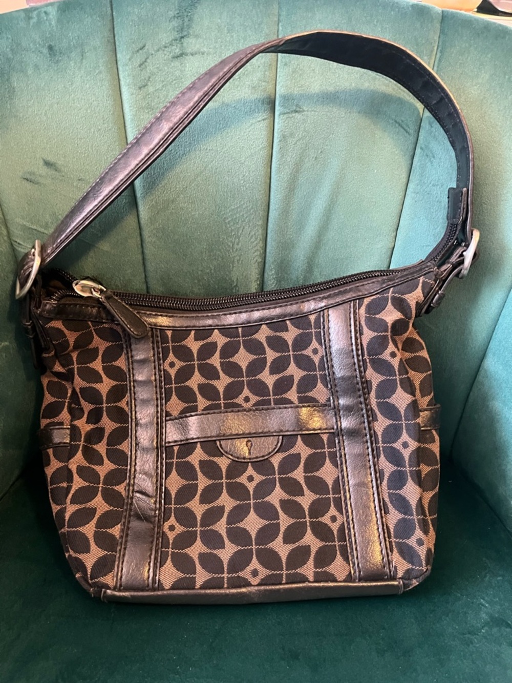 Vintage Fossil Signature Canvas Shoulder Hobo Purse